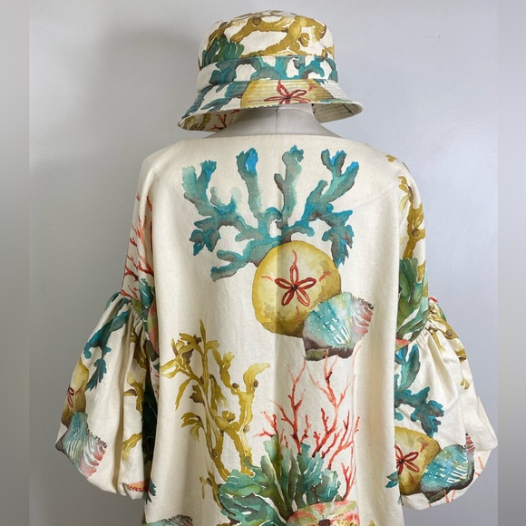 EXQUISITE CORAL SEA DRESS WITH PUFF SLEEVES & MATCHING BUCKET HAT LINEN/COTTON - Picture 10 of 14
